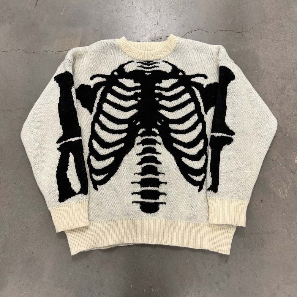 Skeleton Knit Sweater Black White Graphic Crewneck Skull Bones Size XL